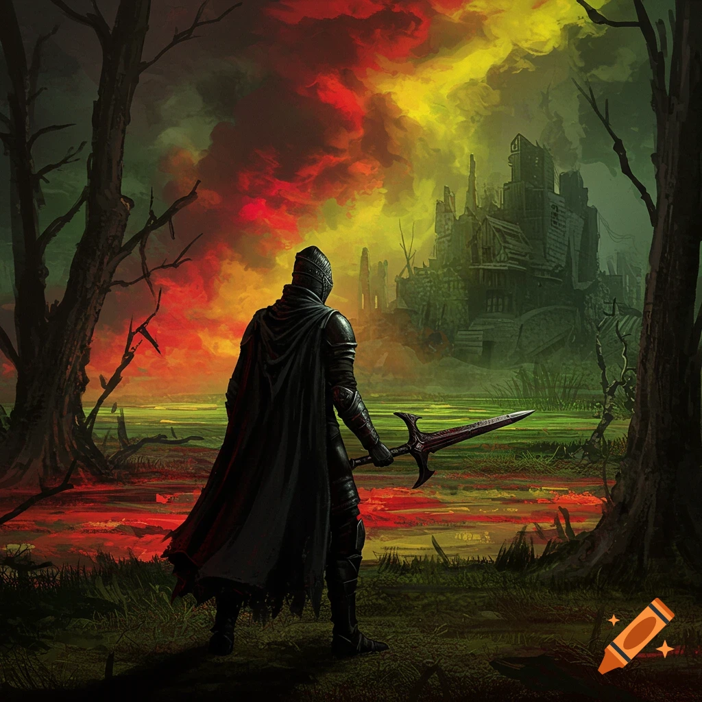 A knight in dark armor stands in a red and green bog, facing a ruined castle under a stormy sky.