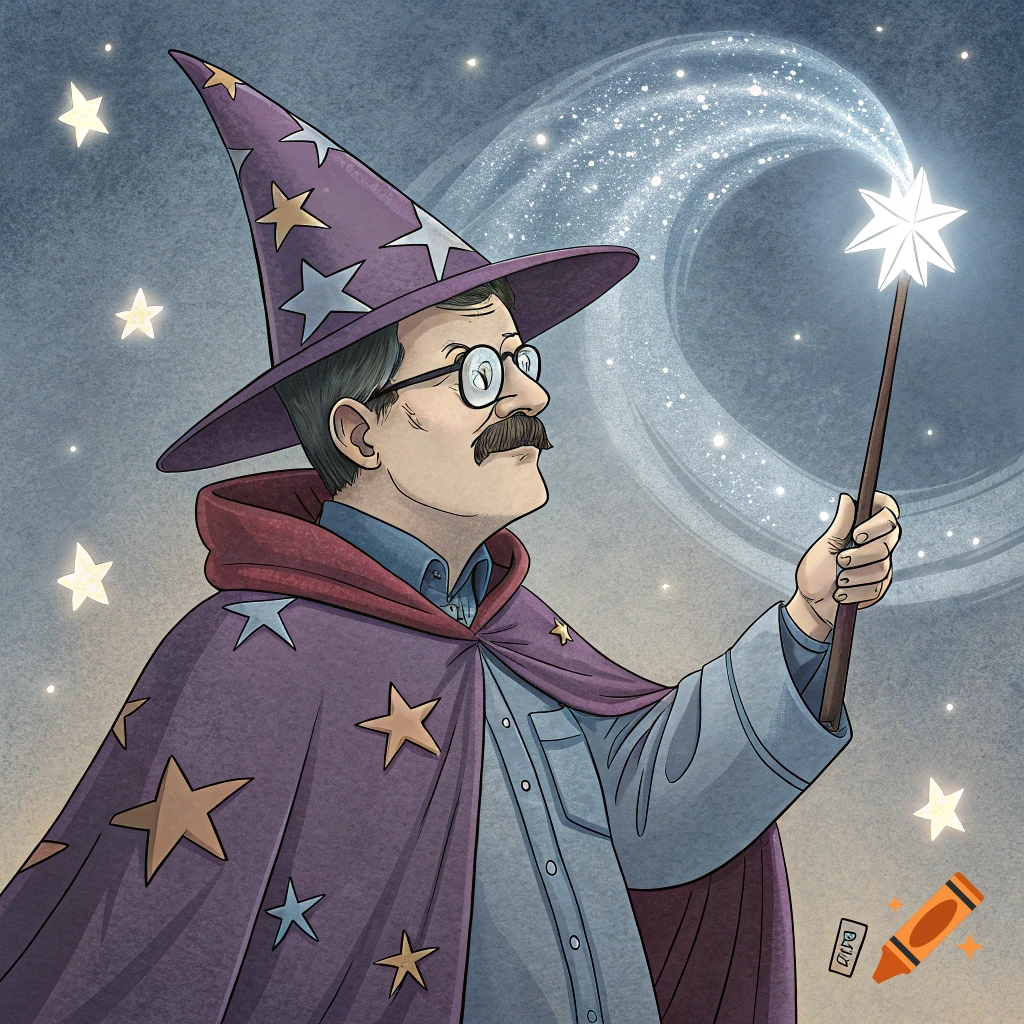 Illustration of a man in a wizard costume with a starry hat and cape, holding a glowing wand.