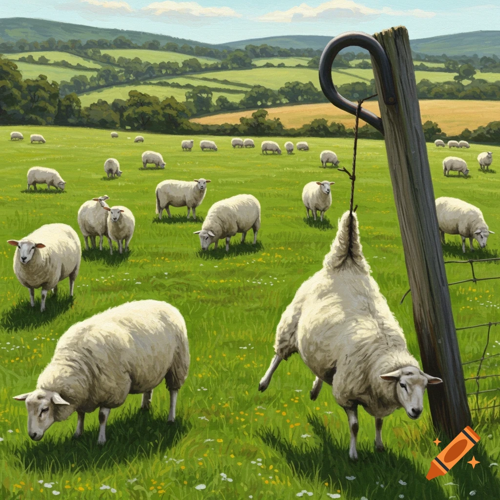 Sheep are grazing in a field, with one sheep caught on a fence hook.