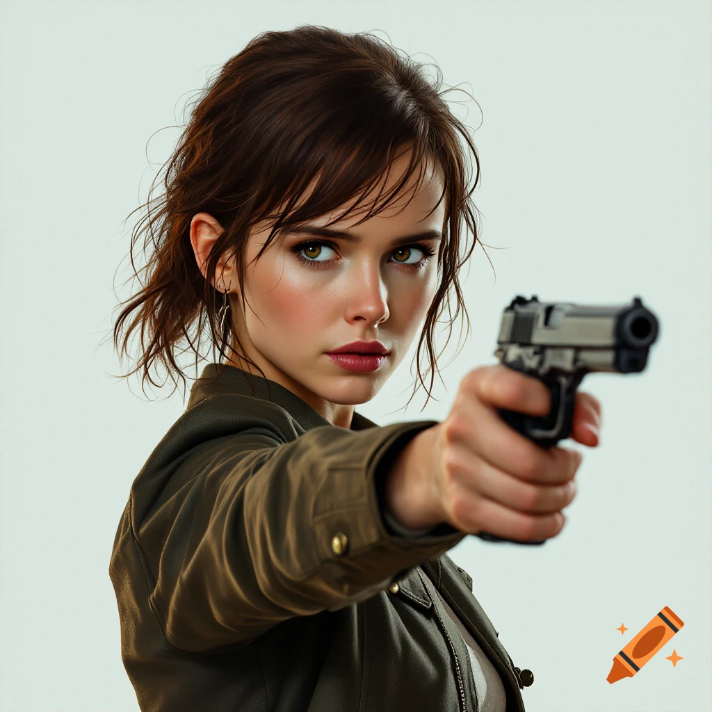 Realistic photo of a woman aiming a pistol