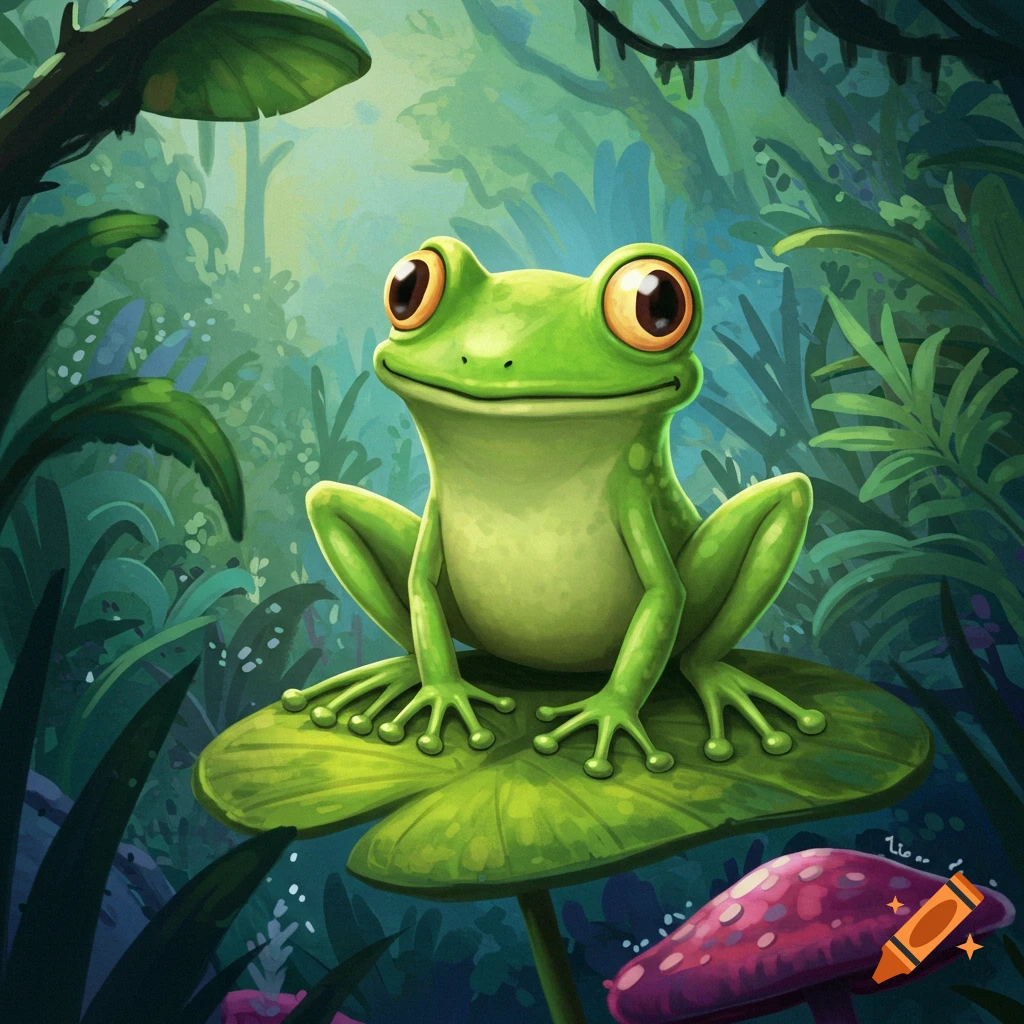 A happy green cartoon frog sitting on a lily pad in a forest.