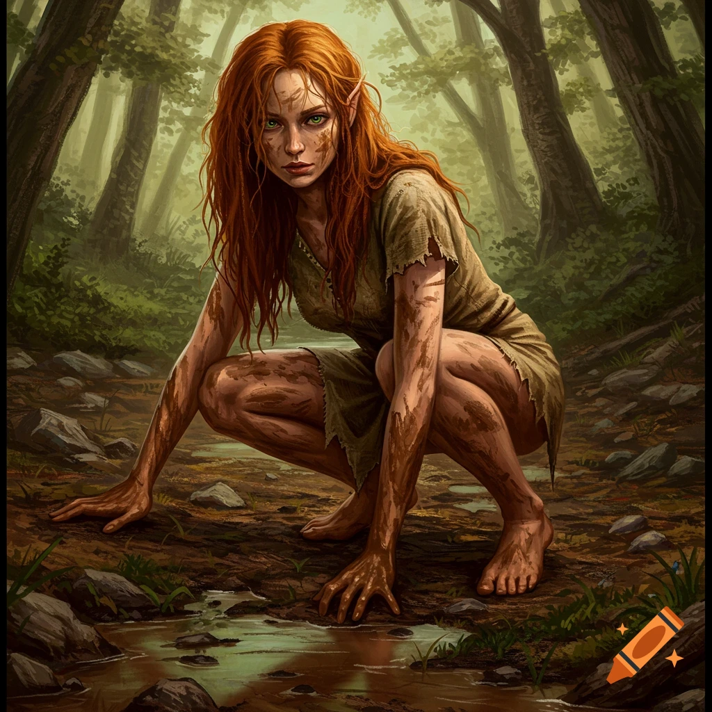 A red-haired elf woman covered in mud is crouching by a stream in a forest.