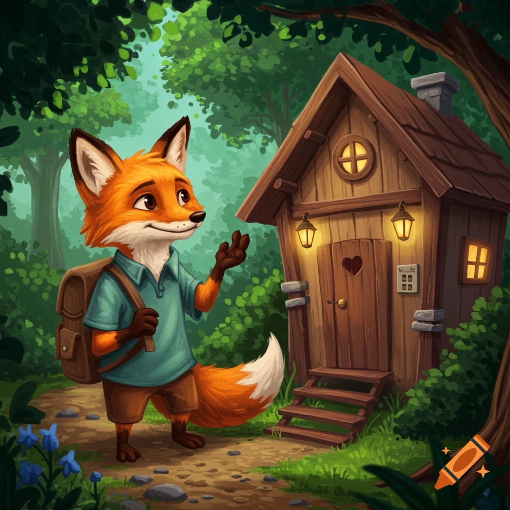 A cartoon fox with a backpack stands on a path outside a small wooden cabin in a forest.