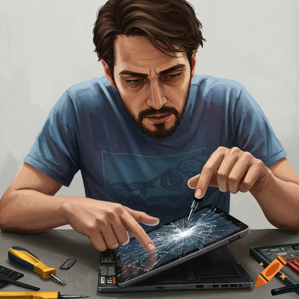 Illustration of a man working on a broken tablet with screwdrivers