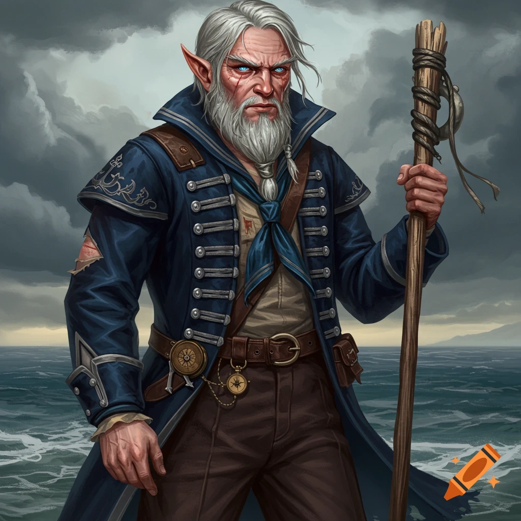 A rugged gray-haired elf sailor stands by the sea.