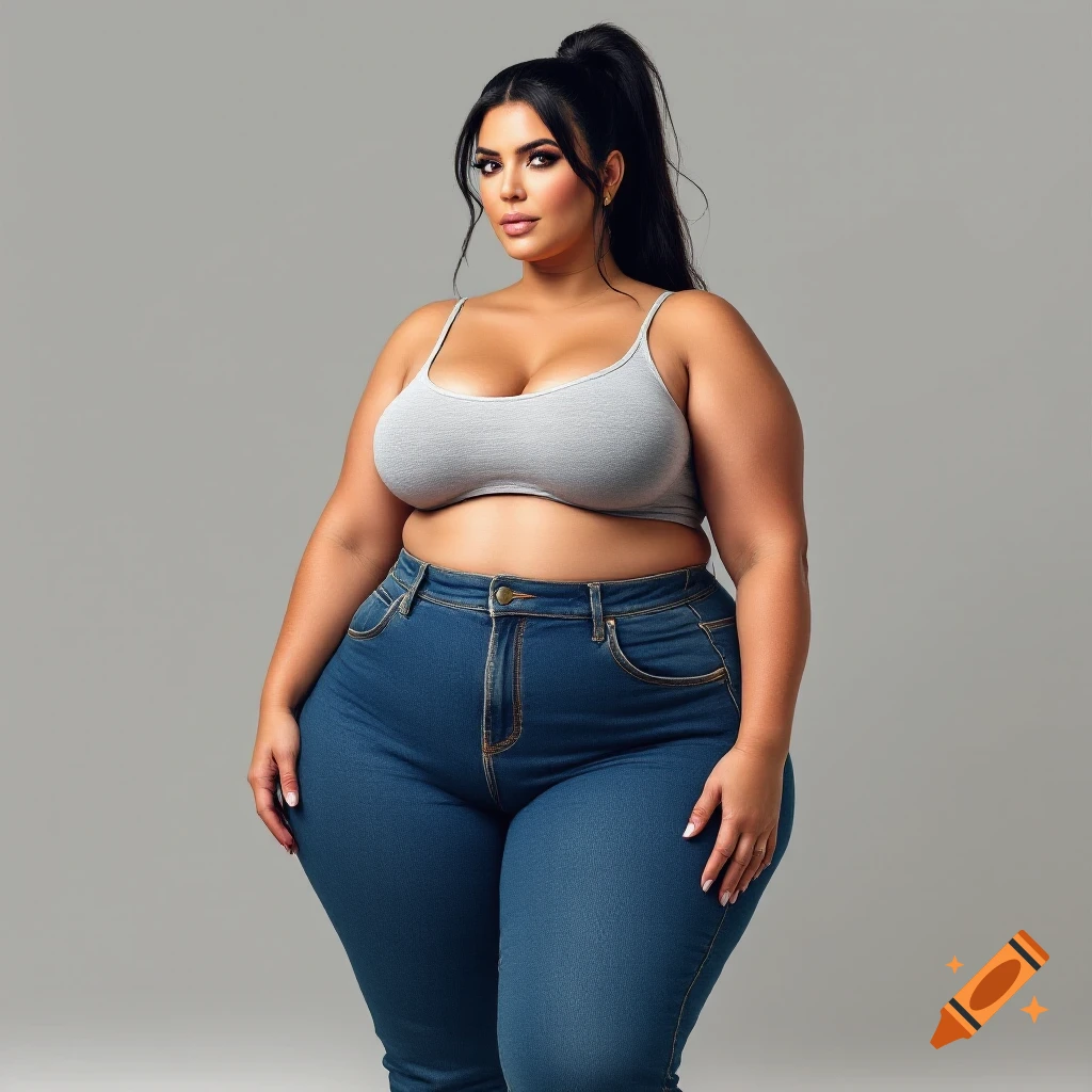Full body portrait of a plus-size woman in grey crop top and jeans against a grey background.