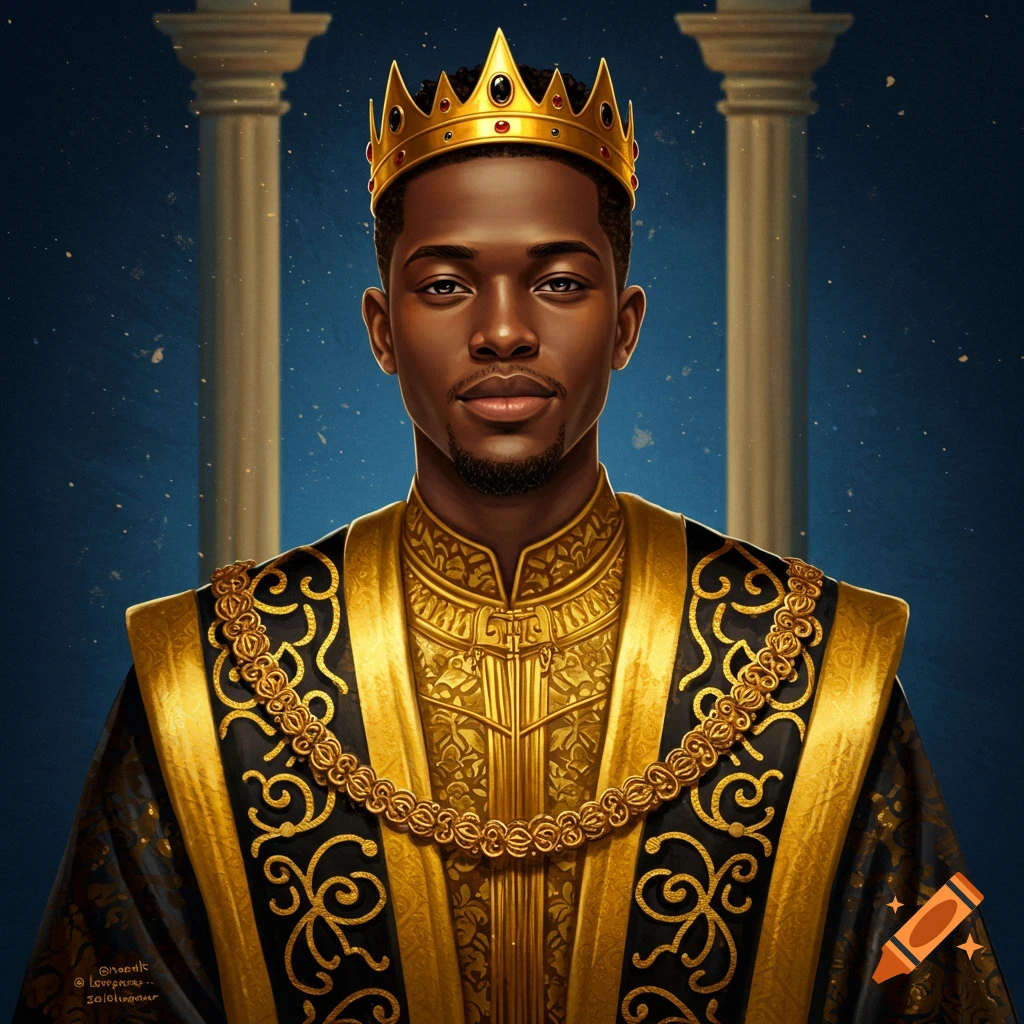 A young black king is wearing a gold crown and regal robes.