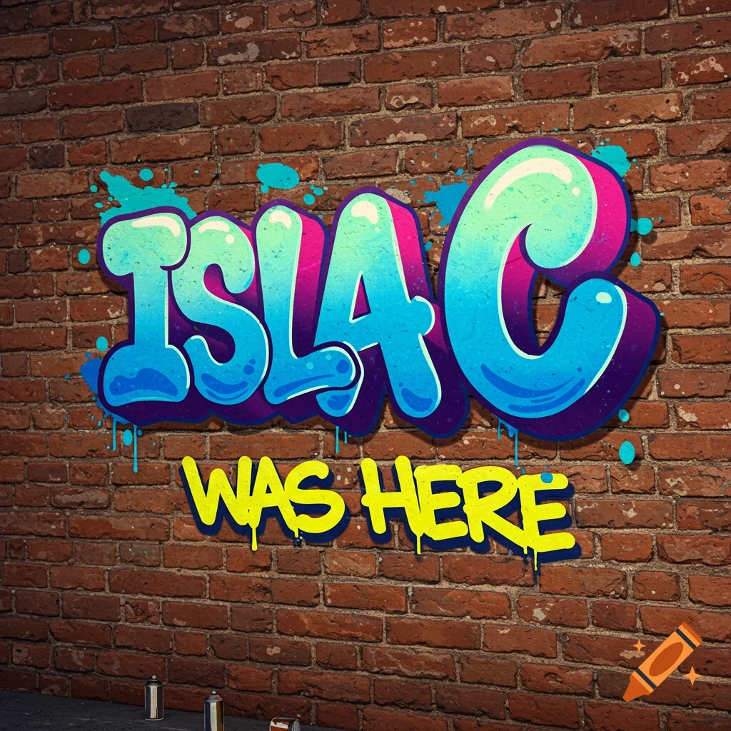 Colorful graffiti spelling 'Isla C was here' on a brick wall with spray cans.