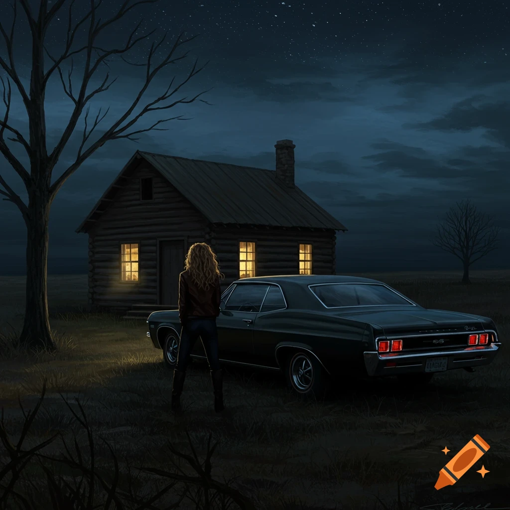 Painting of a woman standing next to a black classic car, looking at a lit cabin at night.