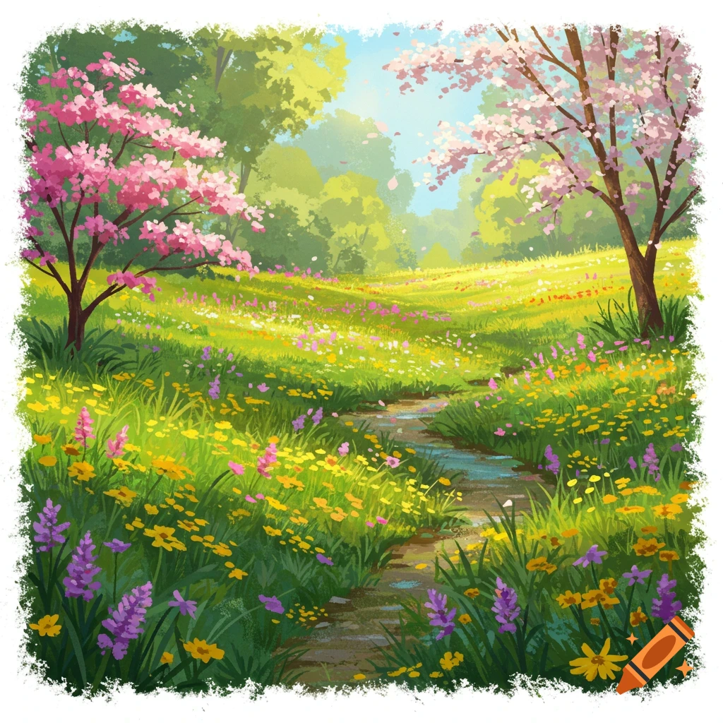 A vibrant spring landscape with pink blossom trees, a winding stream, and a meadow full of yellow and purple wildflowers under a bright sky.