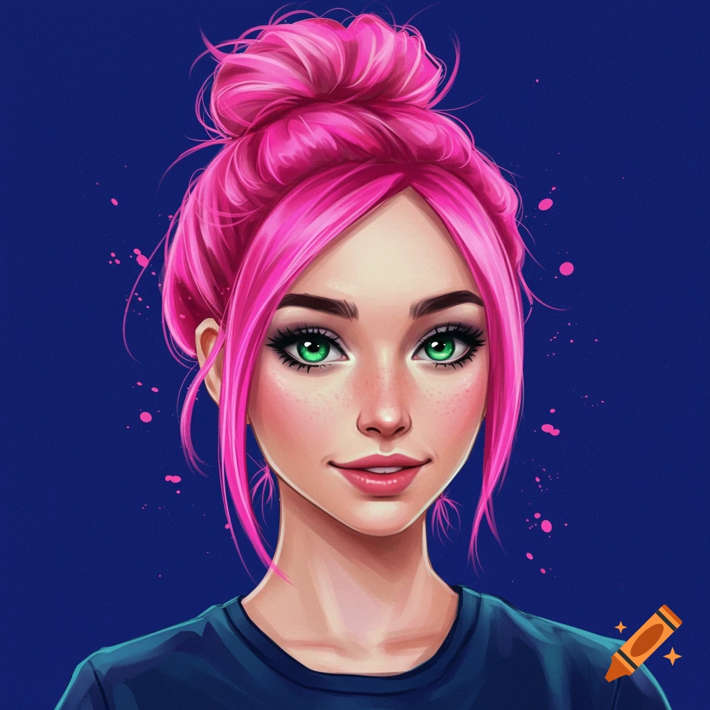 A woman with pink hair and green eyes