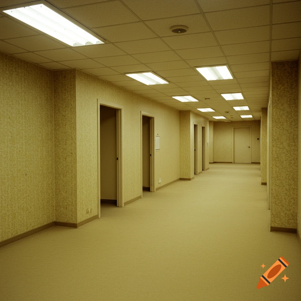 Empty yellow hallway with doors, carpet, and fluorescent lights.