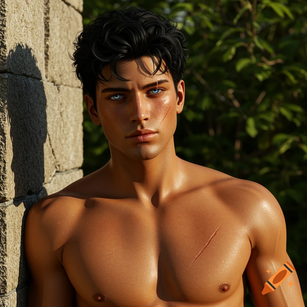 A muscular man with ice-blue eyes and scars, leaning against a stone wall