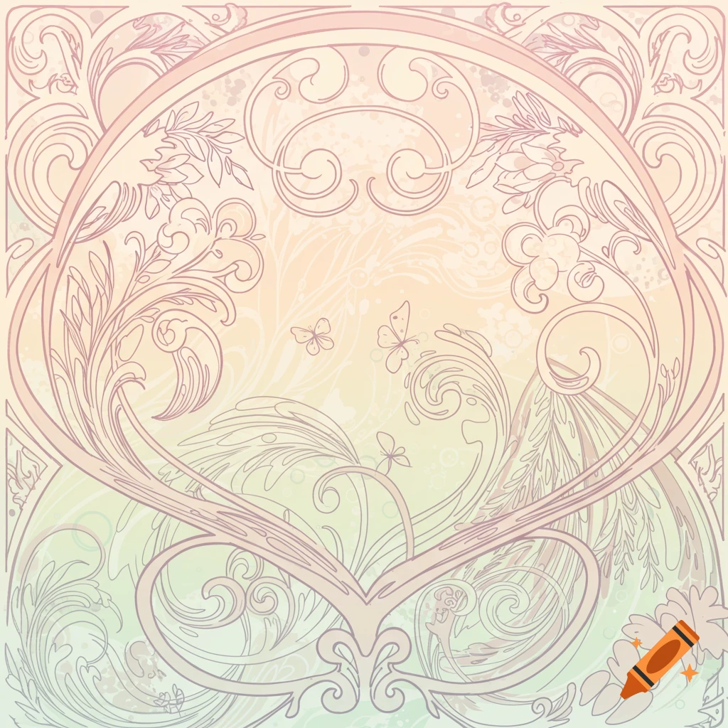 Art nouveau style illustration with floral patterns, vines, and butterflies in a decorative frame on a pastel background.