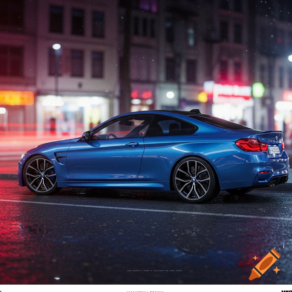 A blue BMW M4 parked on a wet street at night in a city.