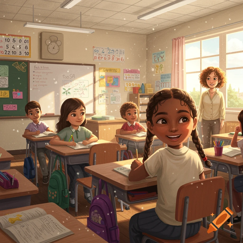 A brightly lit classroom with diverse students at desks and a teacher.
