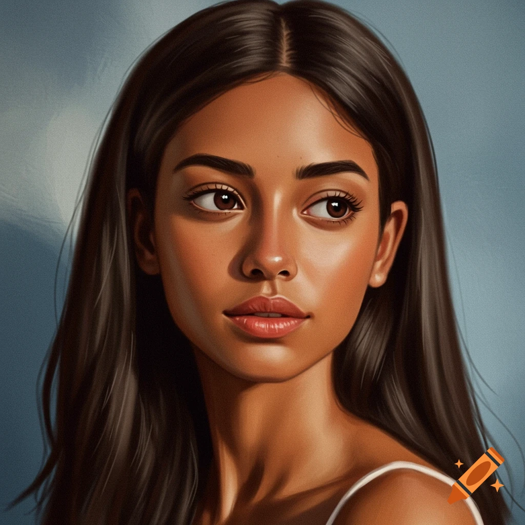 Portrait of a young woman with long dark hair looking away.
