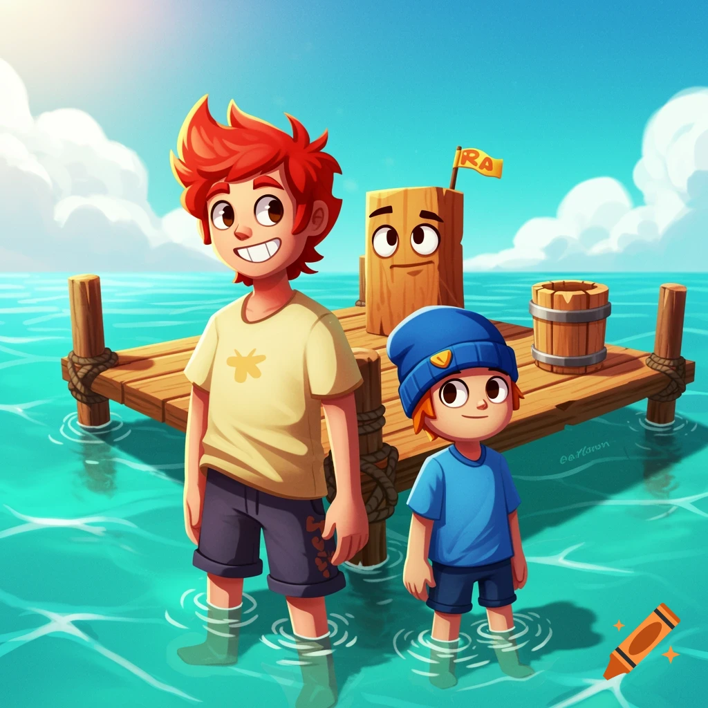Cartoon illustration of two boys and a wooden character standing on a dock in turquoise water.