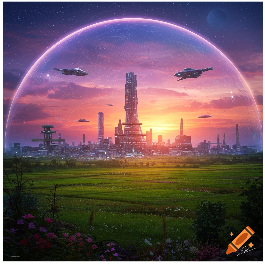 A futuristic city under a protective dome, with spaceships flying over fields at sunset