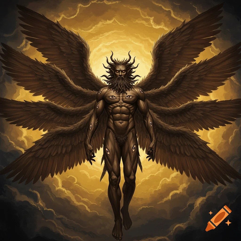 A multi-eyed, winged creature floating in a golden, cloudy sky