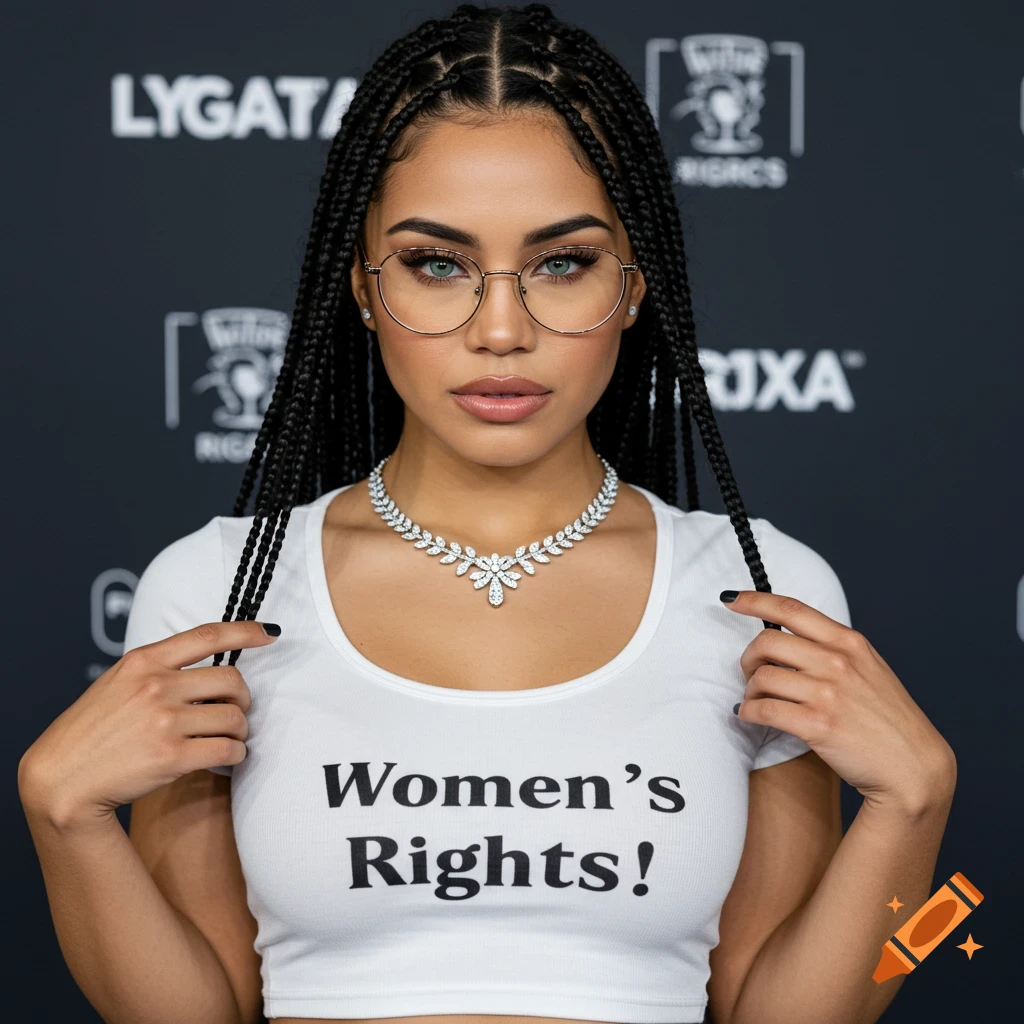 Woman with braided hair, glasses, and necklace wears a crop top saying 'Women's Rights!'