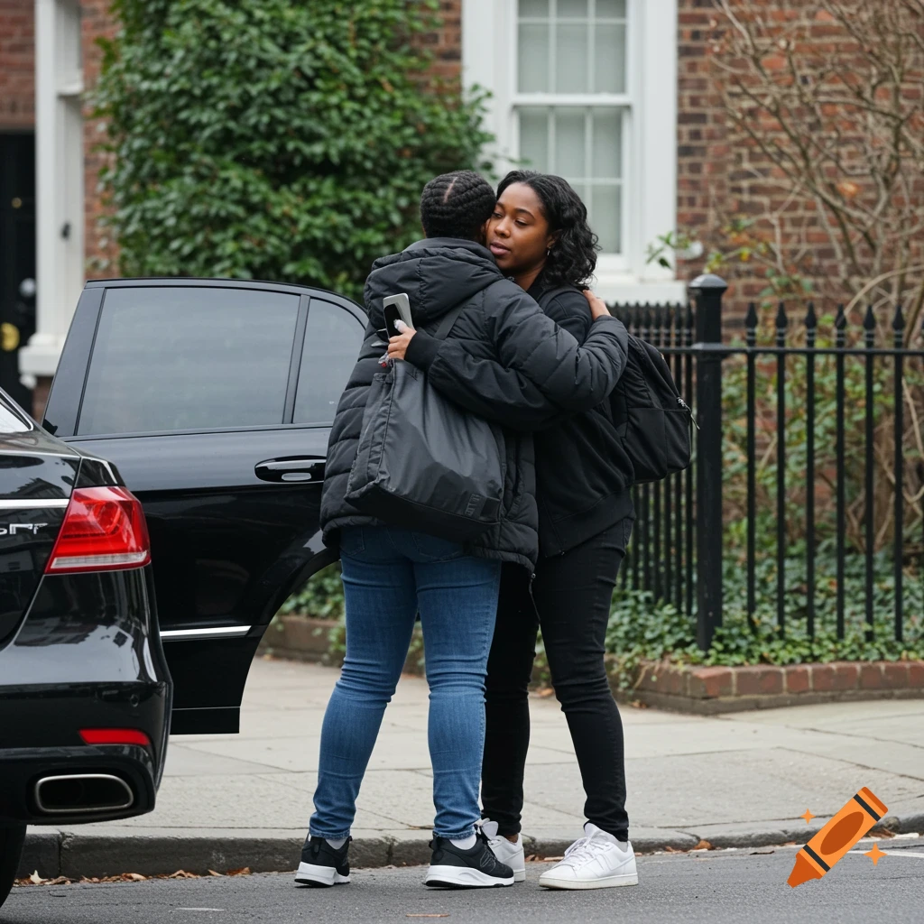 Two women embrace on a street next to a black car and a brick townhouse.