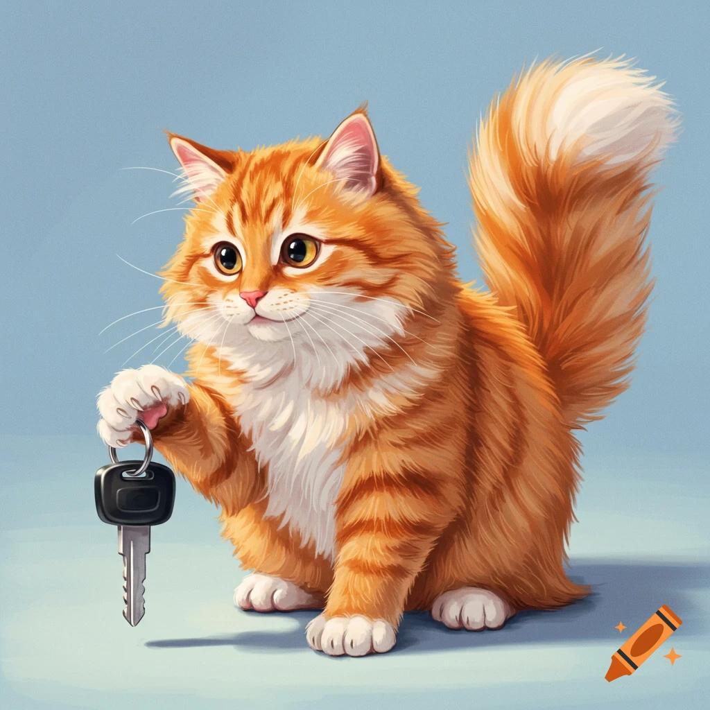 An orange tabby cat holding a car key.