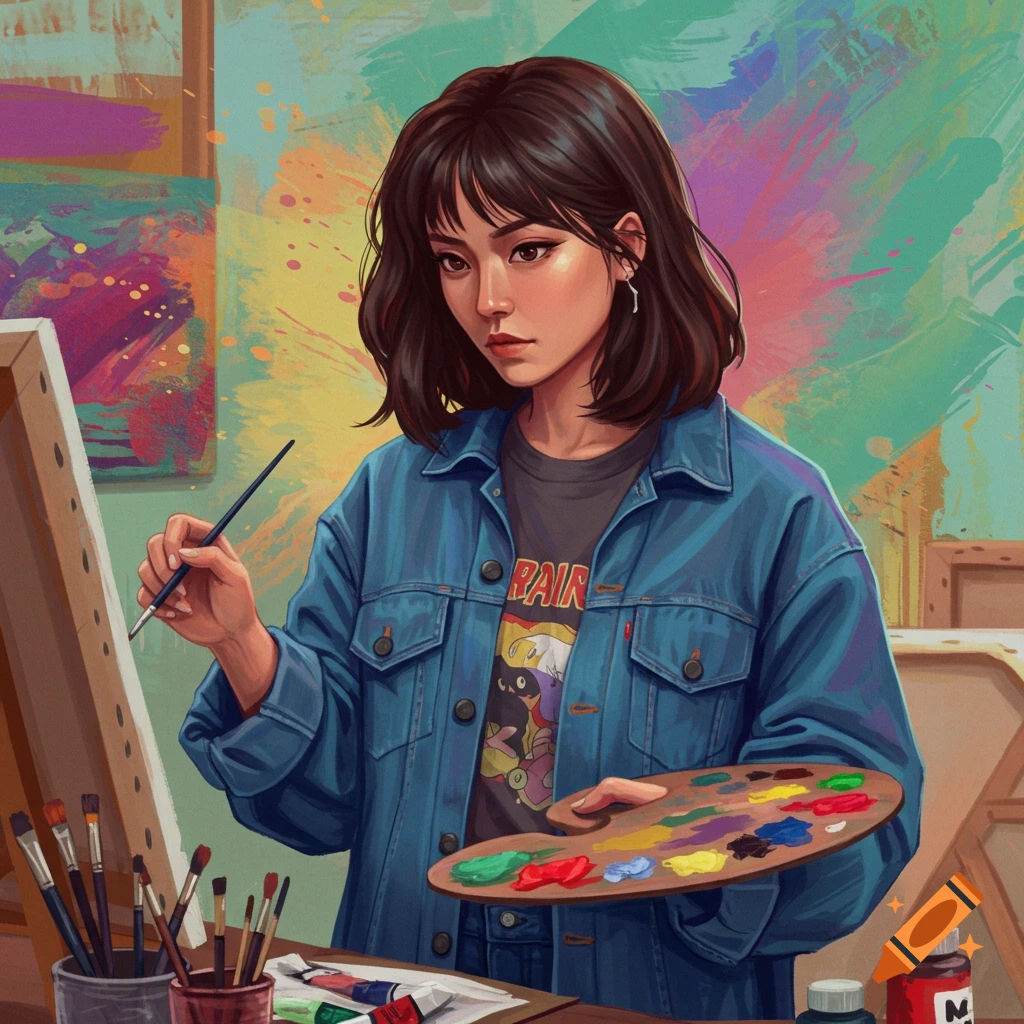 A young woman painting on an easel in an artist's studio.