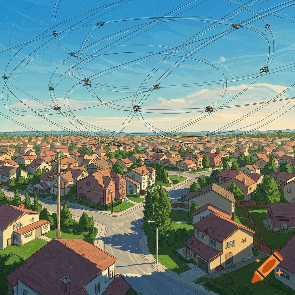 Overhead view of a suburban neighborhood with multiple drones flying in looping patterns connected by wires.