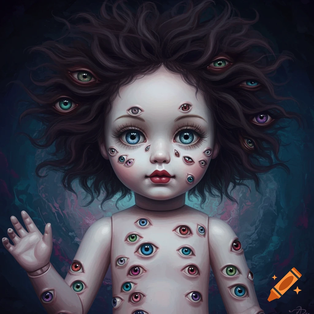 Surreal image of a porcelain doll covered in many eyes, with wild dark hair, against a swirling blue and purple background.