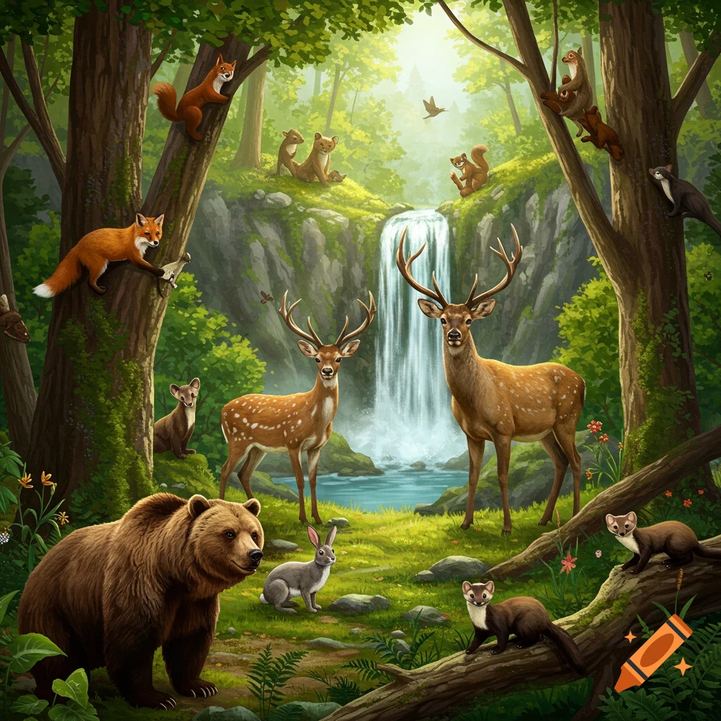 A forest scene with a waterfall and wild animals including a bear, deer, fox, squirrel, rabbit, and martens.