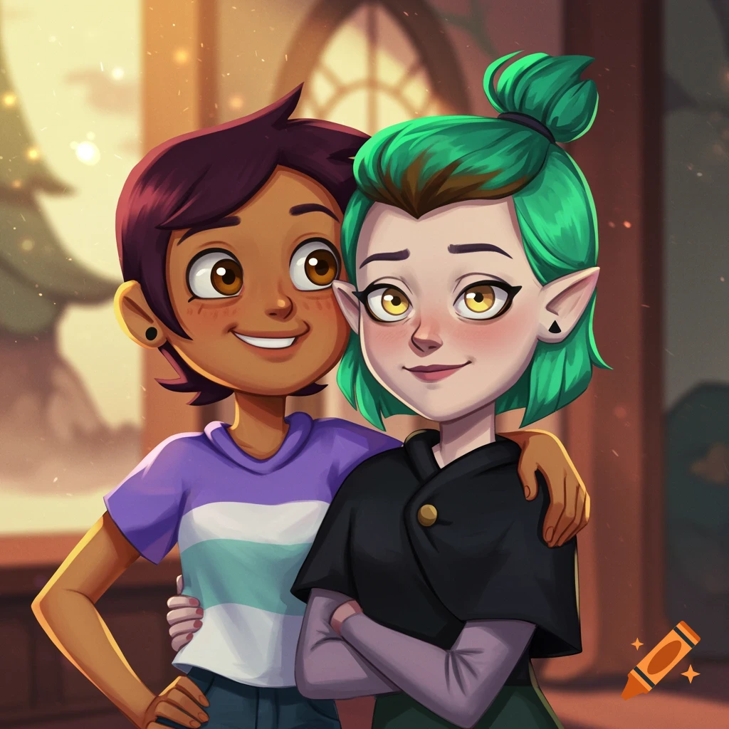 Luz Noceda with her arm around Amity Blight, both smiling in warm light.