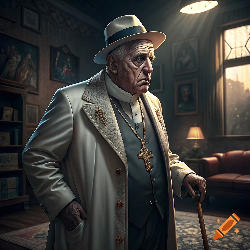 A stern man in a white hat, coat, and cross necklace stands in a room with a cane.