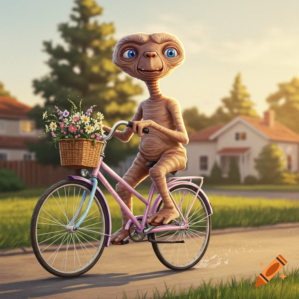 ET riding a pink bicycle down a street with a basket of flowers.
