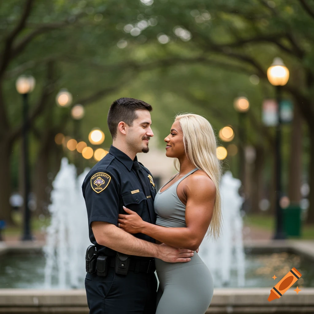 A police officer and a muscular woman embrace in a park near a fountain.