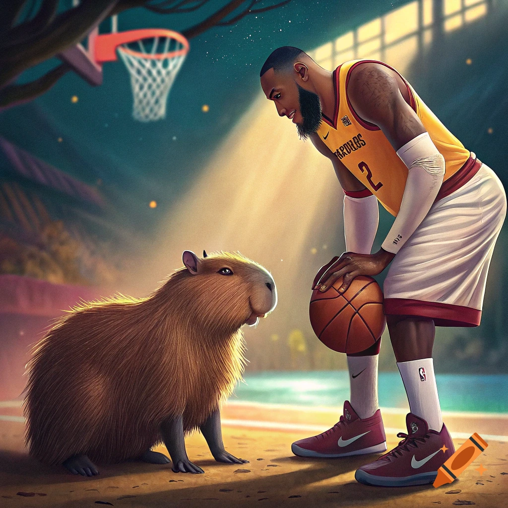 A stylized illustration of a basketball player holding a ball and looking at a capybara on a court with a hoop in the background.
