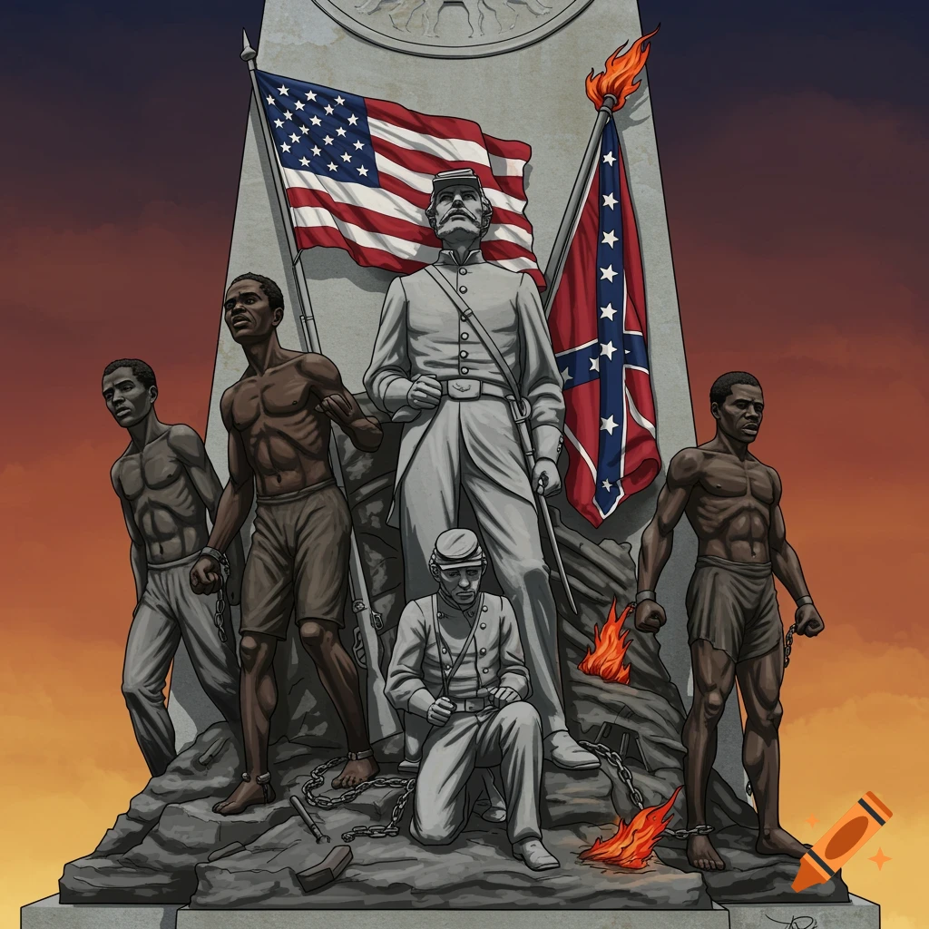 A monument featuring a Union soldier, a kneeling Confederate soldier, and standing enslaved people with chains. US and Confederate flags are shown in the background at sunset.