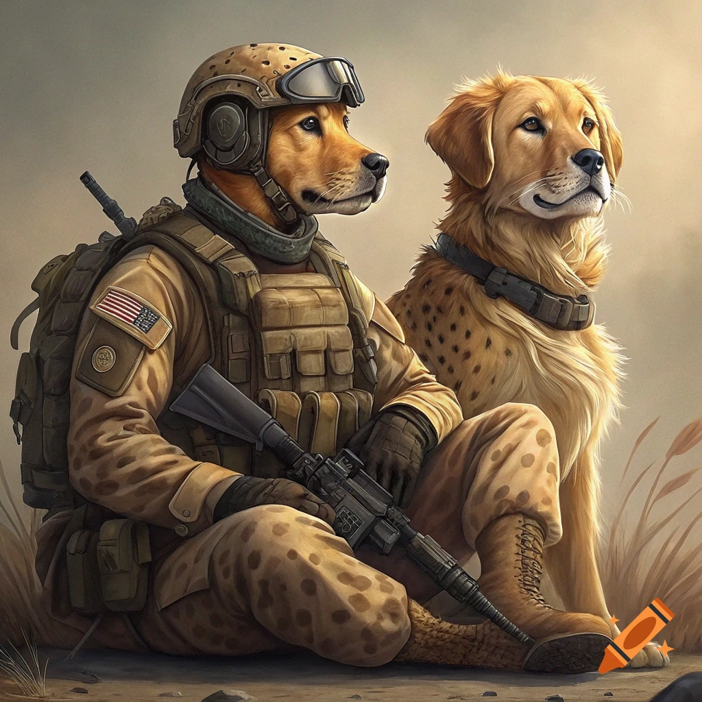 A dog in military uniform and helmet sits with another dog in a desert setting.