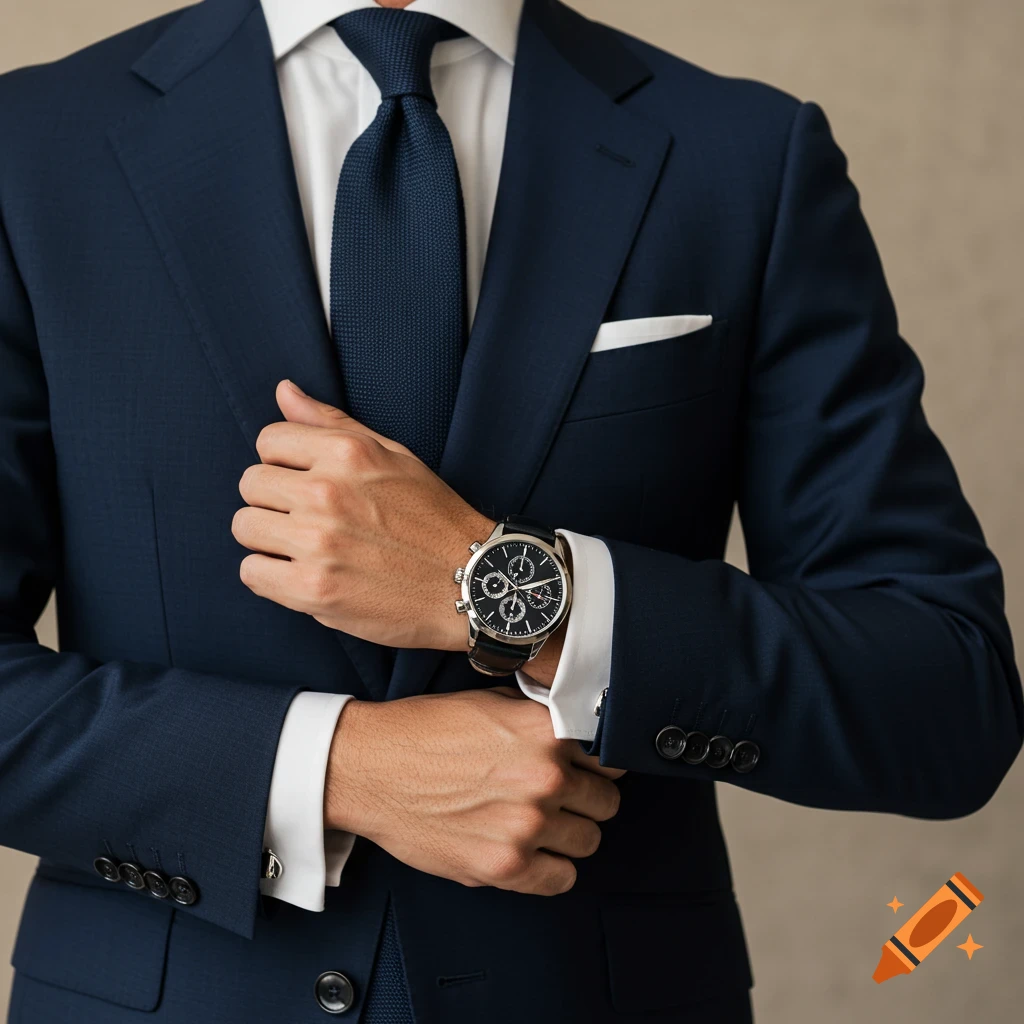 Close-up of a man in a navy suit, white shirt, and tie adjusting a watch on his wrist. He is wearing cufflinks and a pocket square.