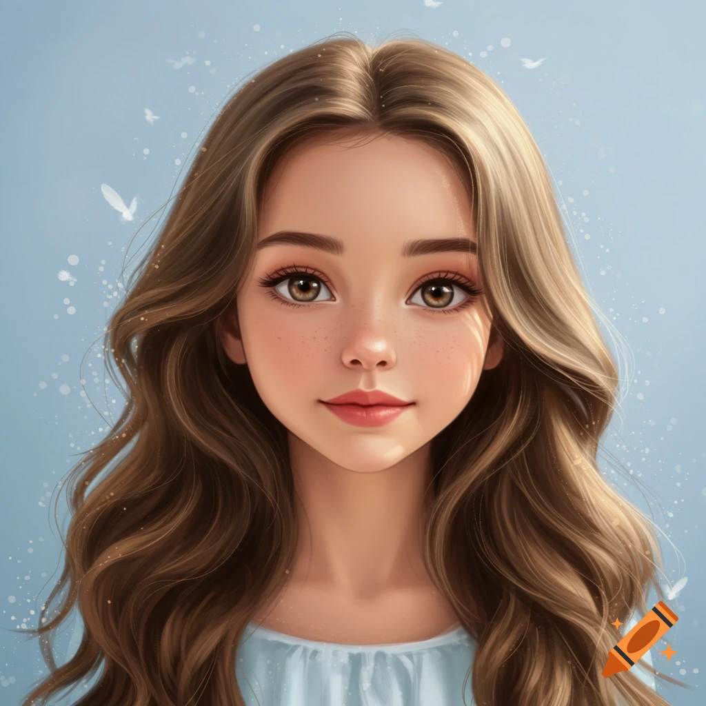 A young girl with long brown hair is shown against a blue background.