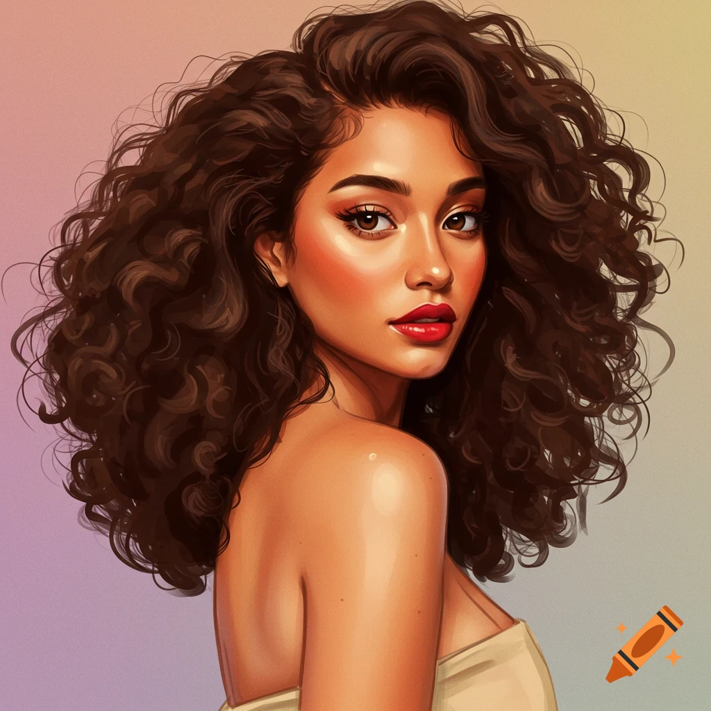 A woman with curly brown hair and bare shoulders