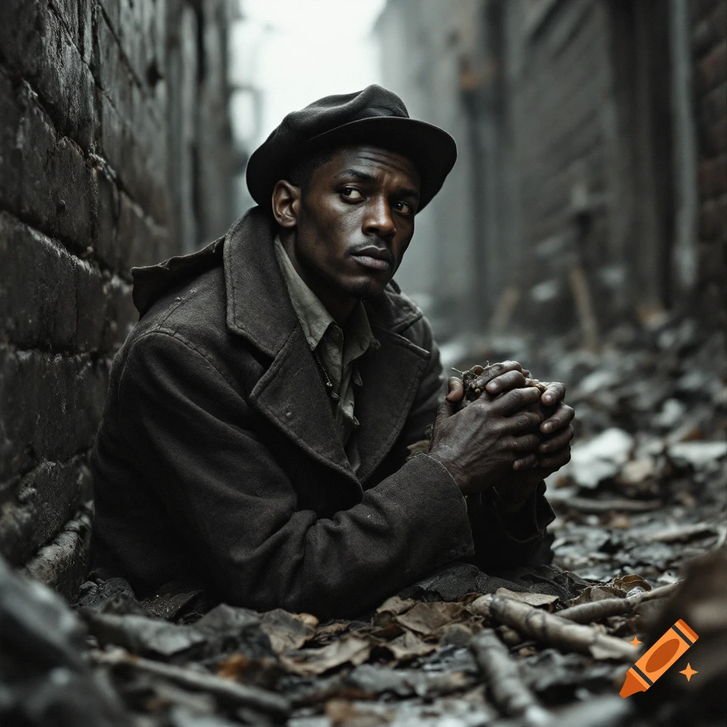 A man in a cap and coat sits among rubble in a dark alley, looking distressed.