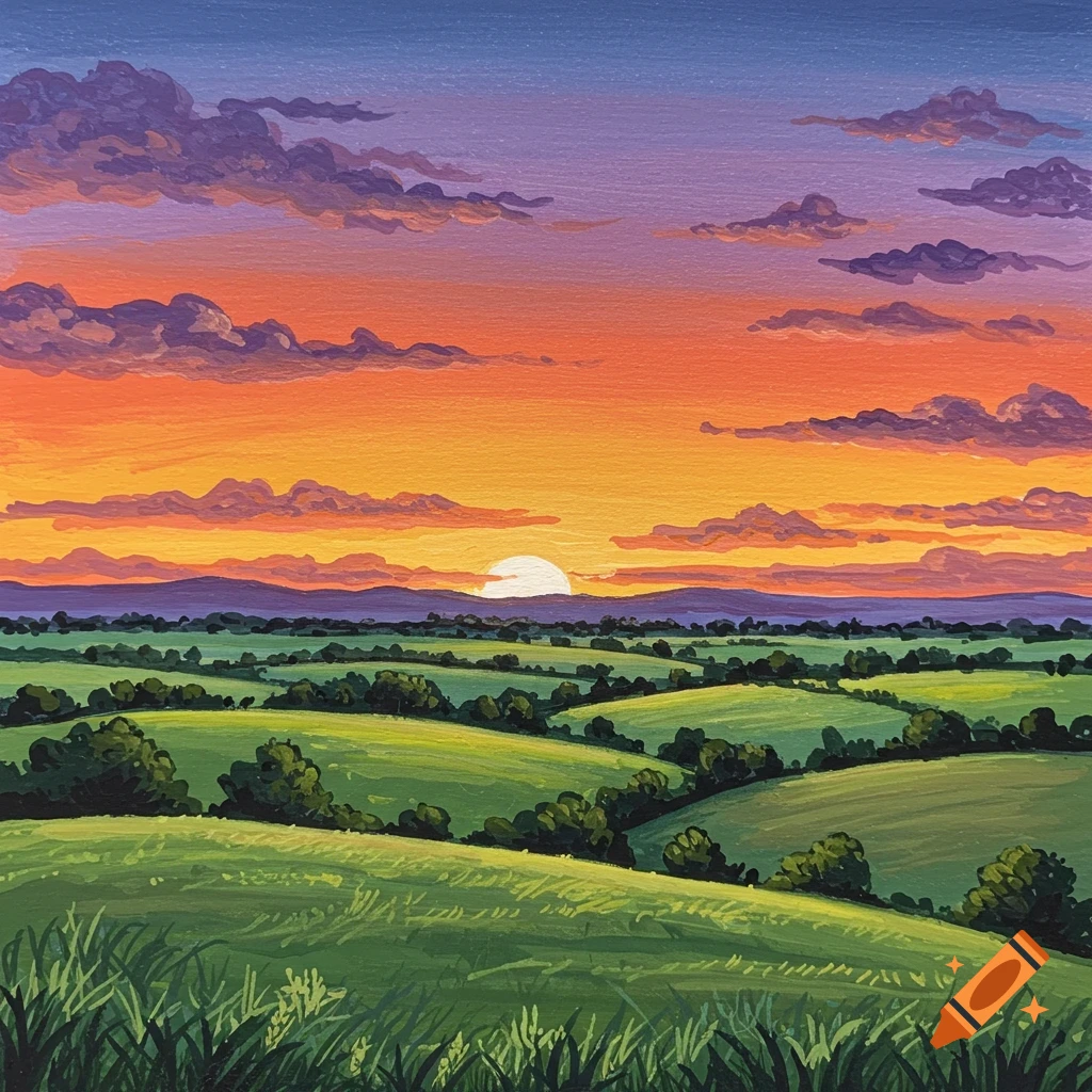 Painted landscape of rolling green hills under a vibrant orange and purple sunset sky.