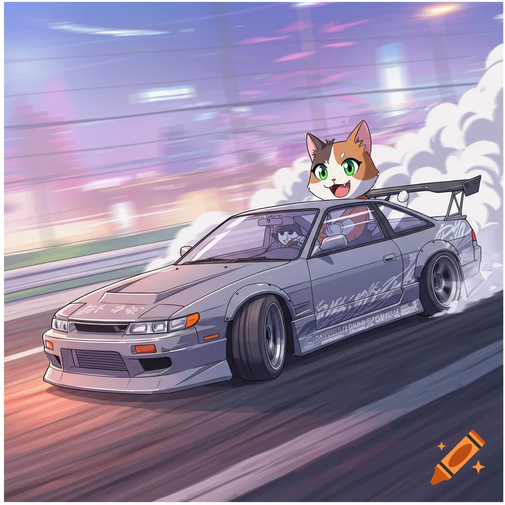 Anime illustration of a calico cat driving a grey Nissan 240SX while drifting, with another cat driving, set against a city background.