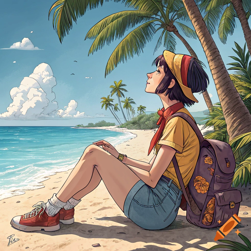 Anime illustration of a woman sitting on a tropical beach under palm trees.