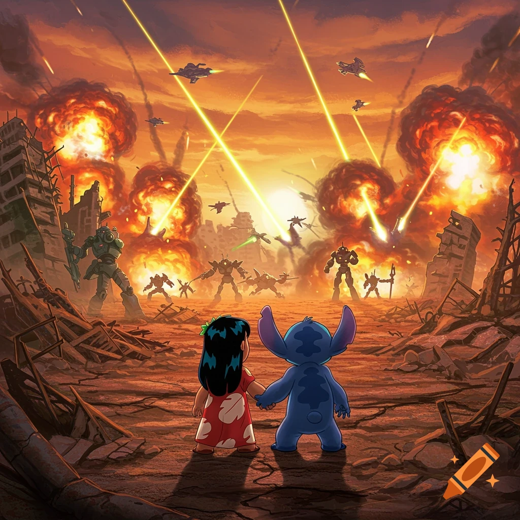 Lilo and Stitch hold hands watching robots and spaceships battle in a chaotic, explosion-filled futuristic warzone, stylized.
