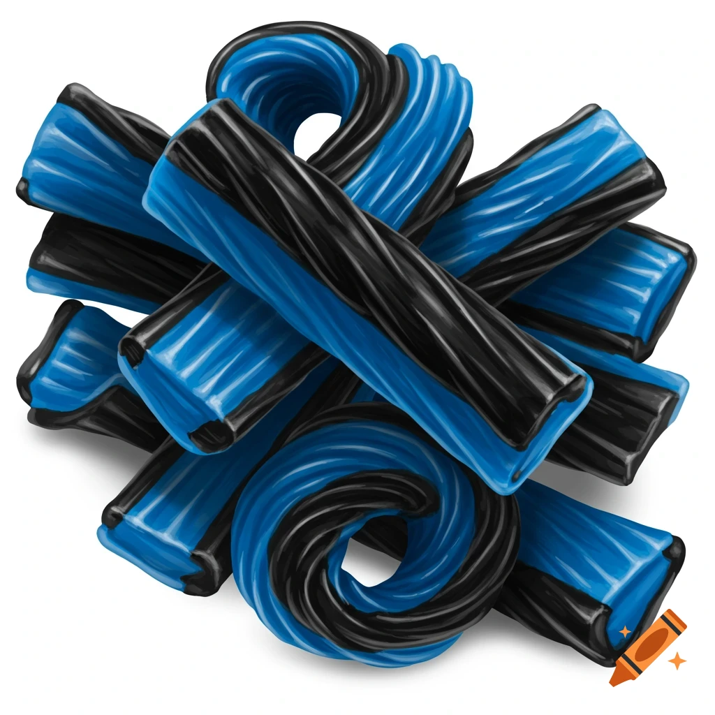 A pile of blue and black twisted candy.