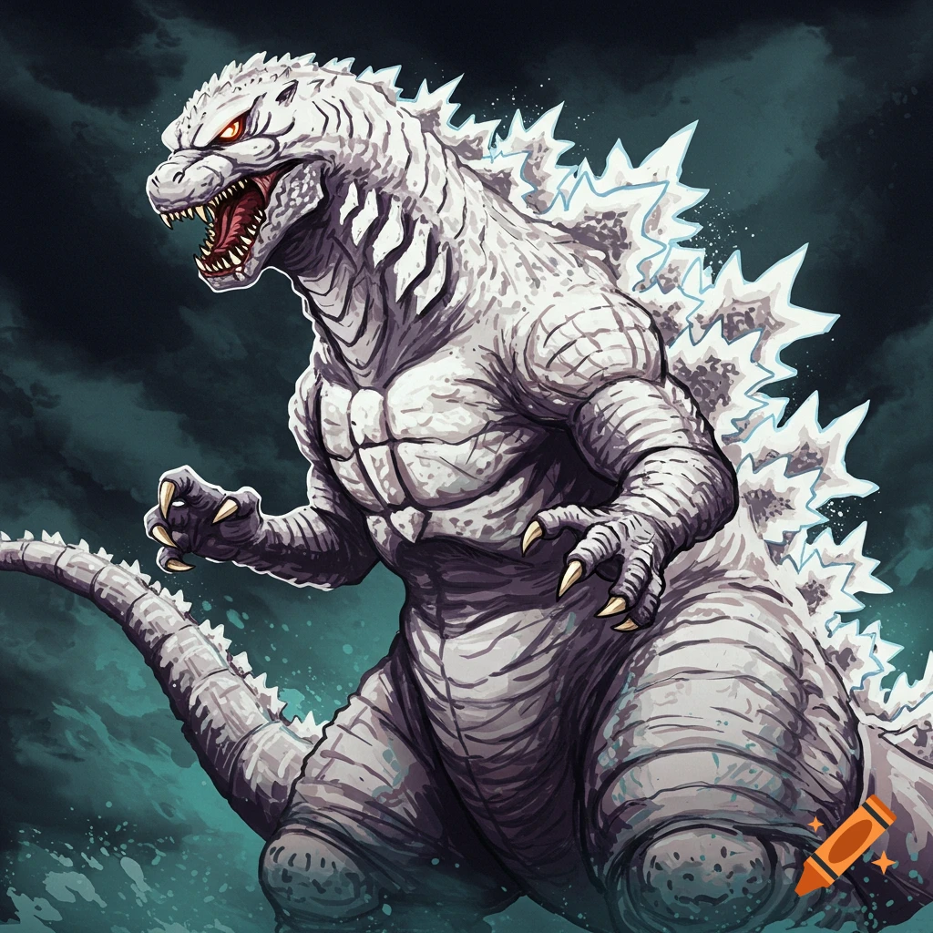 A white Godzilla roaring against a dark background.
