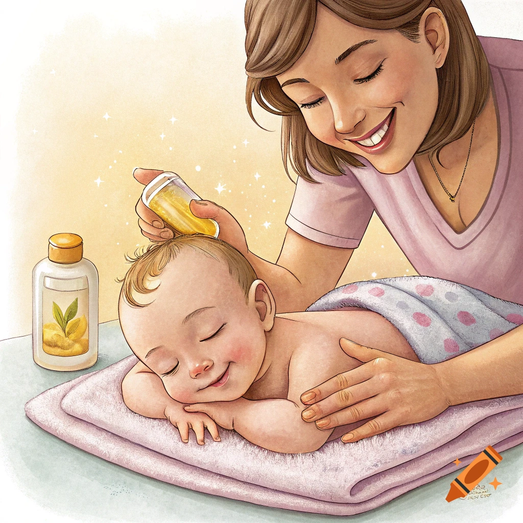 Illustration of a mother gently applying oil to her baby's head.