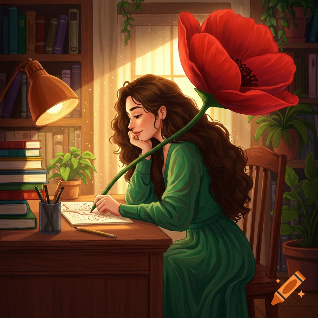 A woman writing at a desk using a giant poppy flower as a pen.